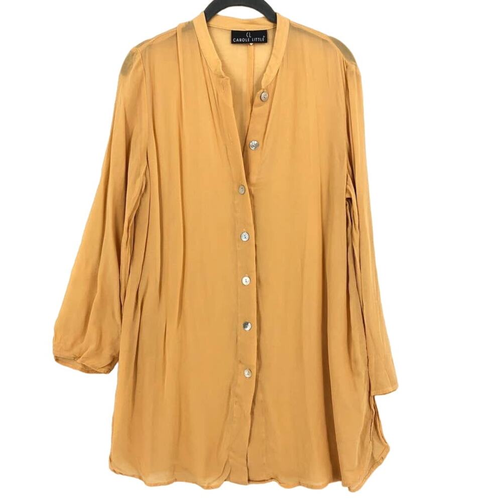 Vintage Carole Little Tunic Top 4 Medium Yellow Button Up Semi Sheer Rayon